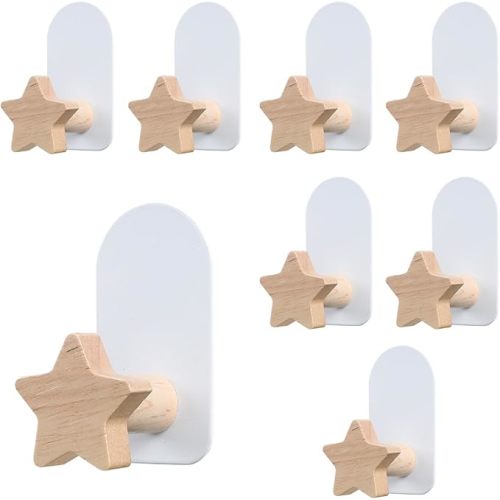 8 PCS Star Shaped Hooks, Kids Room Decorative Hooks, Wood Coat Hooks, Adhesive Mounted Wall Hook for Hanging Coat Clothes Hat Bag Purse and Towel