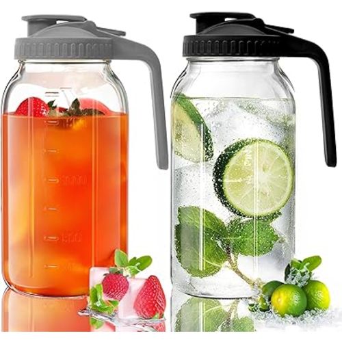 2 Pack Glass Mason Jar Pitcher - 64 oz/2 Quart Wide Mouth Jug with Lid and Pour Spout, Airtight Seal, Leak Proof Iced Tea Pitcher for Sun Tea, Juice, Breast Milk, Cold Beverages, Coffe