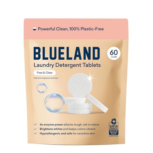 BLUELAND Laundry Detergent Tablets, 60 Count, Plastic-Free Eco-Friendly Pods, Sheets, Liquid Alternative - Fragrance Free and Clear, Natural, Gentle