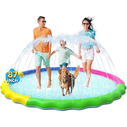 VISTOP Non-Slip Splash Pad for Kids and Dog, Thicken Sprinkler Pool Summer Outdoor Water Toys - Fun Backyard Fountain Play Mat for Baby Girls Boys Children or Pet Dog (87 inch, Red&Yellow&Green&Blue)
