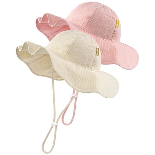 HONGTEYA Baby Sun Hat Muslin Sun Protection Toddler Bucket Hat Summer Beach Hats with Wide Brim for Girls Boys