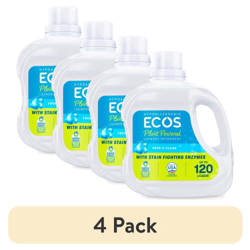 (4 pack) ECOS Hypoallergenic Liquid Laundry Detergent for Sensitive Skin, Free & Clear, 120 Loads, 110oz