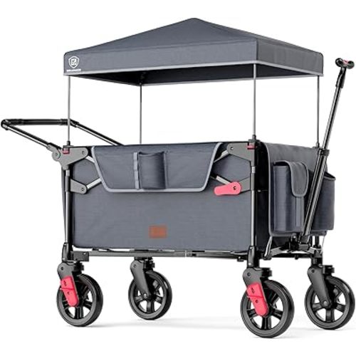 EVER ADVANCED Ultra-Compact Wagon for 2 Kids, Travel Foldable Push Pull Wagon Stroller with Removable Canopy, Adjustable Handles & Harnesses, Grey