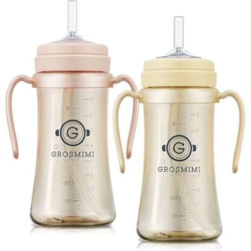 GROSMIMI Spill Proof Magic Sippy Cup with Straw with Handle for Baby and Toddlers, PPSU, BPA Free 10 oz. 2-pack (Peach & Butter)