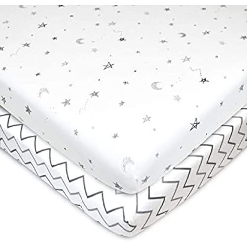American Baby Company Printed 100% Natural Cotton Jersey Knit Fitted Portable/Mini-Crib Sheet, Grey Stars and Zigzag, Soft Breathable, for Boys and Girls, Pack of 2 - Grey Stars/Zigzag