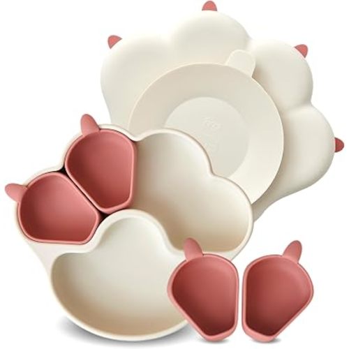 MEOW Dry Rose Divided Silicone Toddler Suction Plates Non-Slip Silicon Plate for Baby Led Weaning Supplies BPA Free Travel Non-Toxic Kids Tray with Suction