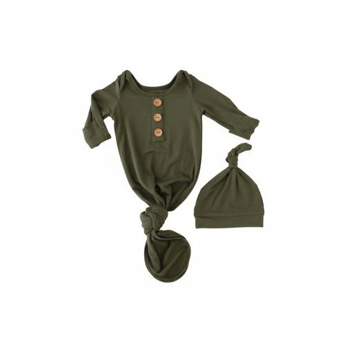 Solid Olive Bamboo Baby Knot Gown & Hat