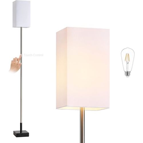 Floor Lamp, 3-Way Touch Control Dimmable Standing Lamp with Sturdy Marble Base, Brushed Nickel Touch Floor Lamp Tall Lamp with Square Linen Shade for Living Room, Bedroom, LED Bulb Included