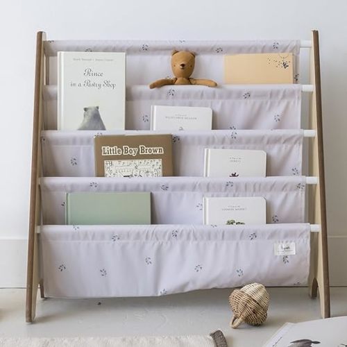 3 Sprouts Kids Bookshelf with Recycled Fabric - 4-Tier Sling Storage for Kids Rooms Holds 35 Titles - Toddler Organizer for Ages 3+ - Blueberry Taupe