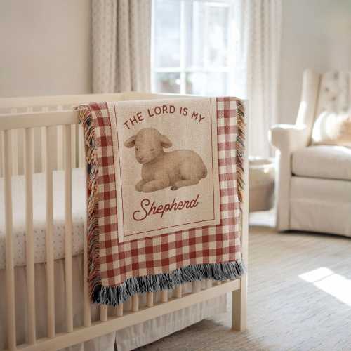 Christian Baby Blanket The Lord Is My Shepherd Lamb Woven Throw, Religious Baby Gift, Gingham Nursery Blanket, Baptism Keepsake