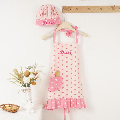 Personalized Pink Heart Apron Set, Kids Baking Apron with Ruffle Pocket & Chef Hat