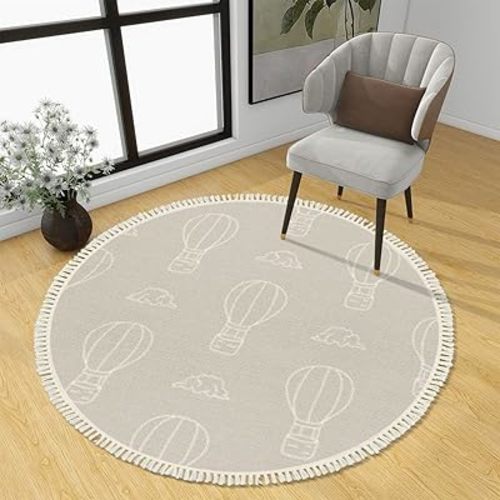 Round Boho Area Rug Seamless hot air Balloon Cloud Gender Neutral Baby Pattern Simple Carpet with Tassels Meditation Rug Floor Mat Runner Rugs for Bedroom Playroom Nursery 4 ft
