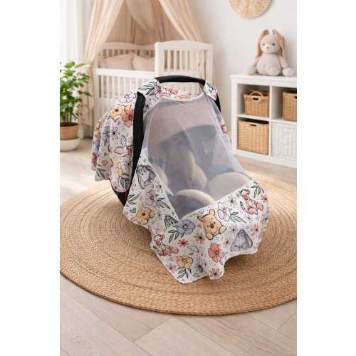 Cute Bear and Friends Baby Car Seat Cover With Mosquito Net-Baby Name Nursing Cover - infant car seat cover- Shower Gift