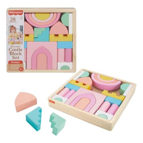 Fisher-Price Wood Castle Block Set 28 Pieces, Ages 2+ | FSC-certified wood, non-toxic water-based paint, 1 playboard + 27 blocks, hand-eye coordination