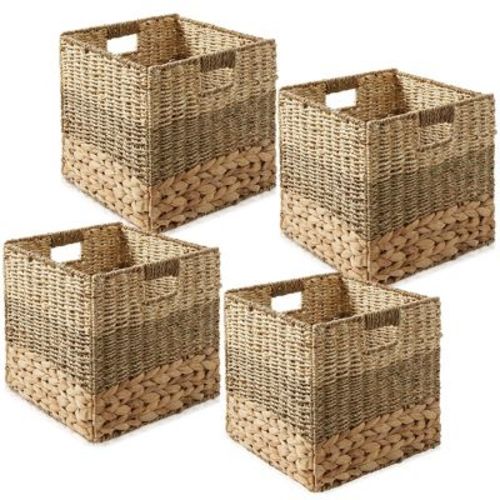 Casafield 10.5" x 10.5" Mixed Weave Storage Baskets, Natural - Set of 4 Collapsible Cubes, Woven Bin Organizers for Bathroom, Bedroom, Laundry