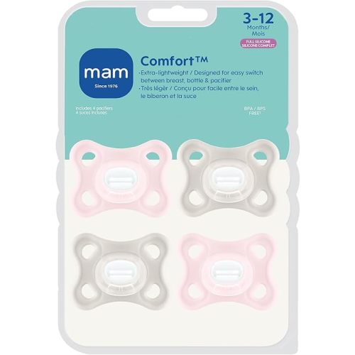 MAM Comfort Baby Pacifiers 3-12 Months Babies, Lightweight One-Piece Full Silicone Binky, BPA-Free Nipple, Easy to Clean Pacifier, Best for Breastfed Babies, 4 Count, Made in Europe