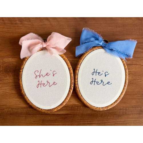 Hand Embroidered Birth Announcement Hoop | Customizable He's Here, She's Here Photo Prop, Nursery Wall Decor, Baby Shower Gift