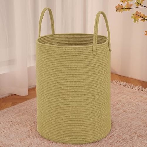 Large Woven Laundry Basket Hamper,60L Cotton Rope Storage Bin for Blankets,Toys and Clothes,Decorative Tall Nursery Hamper for Living Room,Baby Nursery,Bathroom and Bedroom,Pink