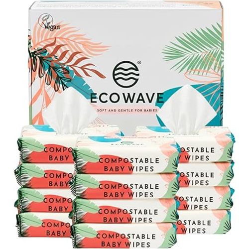 Eco Wave Baby Wipes, 100% Compostable Eco-Friendly Bamboo Wipes, Unscented, Hypoallergenic, Vegan, Alcohol-Free, Suitable For Sensitive Skin (Pack of 12)