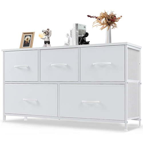 EDX 5 Drawer Dresser, Wide Chest of Drawers Nightstand Storage Tower Storage Fabric Dresser with Wood Top for Living Room, Bedroom, Hallway,White