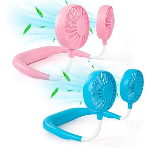 Portable Neck Fan Rechargeable Personal HandFree Fan Mini USB Wearable Neckband Sport Fan 3 Speed Adjustable 360 Degrees Rotation Perfect for Working Traveling Office Reading (2 Pack:Blue+Pink)