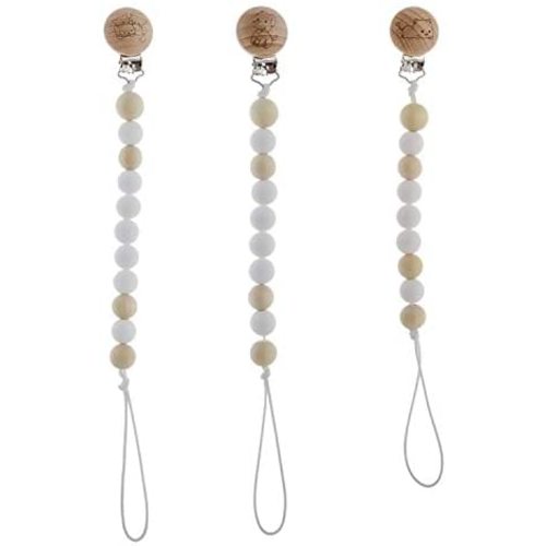 3PC Modern Pacifier Clip for Baby - Silicone Beads Holder for Wooden Beads Fits All Pacifier Styles for - Universal fit MAM - Birthday Christmas Shower Gift White