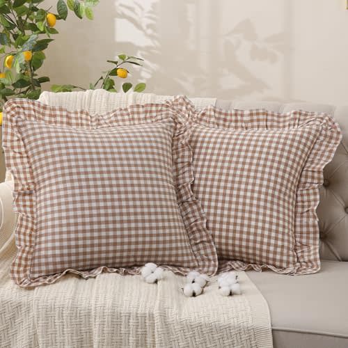Cotton Tan Gingham Throw Ruffle Pillow Covers Linen Like, 20x20 | 100% Washed Cotton Linen-Like Textured Soft Comfy. Fall Decor Pillow Cases Sham Set of 2 for Couch Sofa Bed, Zipper Closure