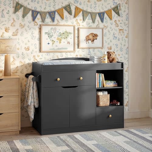 Black Changing Table Dresser, Baby Nursery Dresser, Baby Diaper Changing Table, 2 Drawers, 2 Doors, Adjustable Shelves, Open Space, Metal Handle, Towel Rack, Black