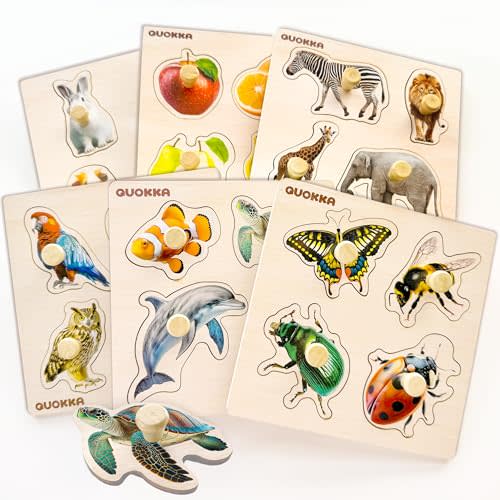 QUOKKA Wooden Puzzles for Toddlers 1-3 – 6 Pegged Puzzles for Kids Ages 2-4 – Animal and Fruits Learning Toy for Kids – Gift Realistic Educational Game for Boy and Girl