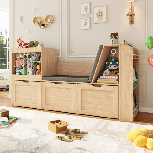 Isabelle & Max™ Kids Reading Nook, Toy Storage Organizer with Stuffed Animal Storage, Bench and Removable Cushions, Wooden Toddler Bookshelf with 3 Movable Drawers for Nursery, Playroom & Reviews | Wayfair