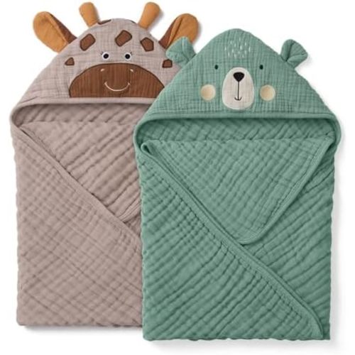Blissful Diary Muslin Baby Hooded Towel 2 Pack, Soft & Absorbent Bath Towel for Infant, Toddler, Baby Gift, Newborn Essential