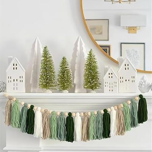 Green Tassel Wood Bead Garland Wall Hanging In Home Decor For Nursery Kids Bedroom Birthday Baby Shower Party Decoration