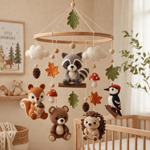 Woodland Baby Mobile, Crochet Animals, Hanging Mobile, Baby Shower İnvitation, Nursery Decor, Baby Shower Gift, Nursery Mobile, Baby Mobile