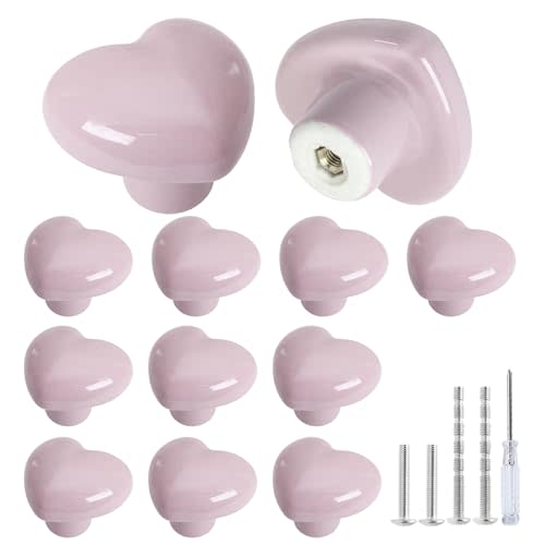 Qjaiune 12pcs Ceramic Cabinet Knobs Light Pink Drawer Knobs, Heart Shaped Dresser Knobs Cute Kitchen Cabinet Pull Handles, Small Vanity Knobs Hardware Closet Cupboard Knobs for Kids Girls Bedroom