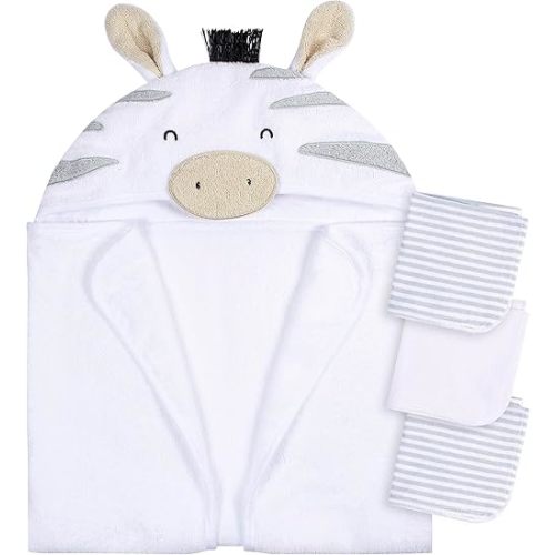 Gerber Baby 4 Piece Animal Character Hooded Towel and Washcloth Set, Grey Zebra, One Size