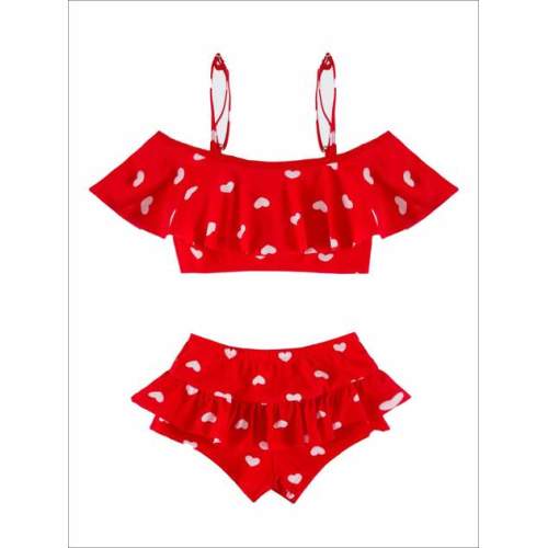 Girls Heart Print Ruffled Off the Shoulder Skirted Two Piece Swimsuit
– Mia Belle Baby