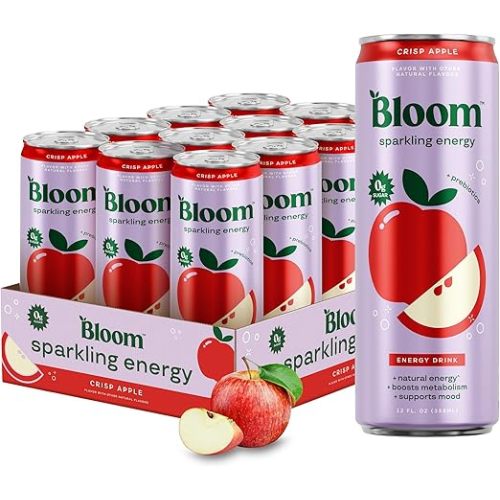 Bloom Nutrition Sparkling Energy Drink - Natural Caffeine, Zero Sugar, 180mg Caffeine - Antioxidant-Rich with Green Coffee Bean, Green Tea Extract, Prebiotics - Crisp Apple - 12oz 12 Pack