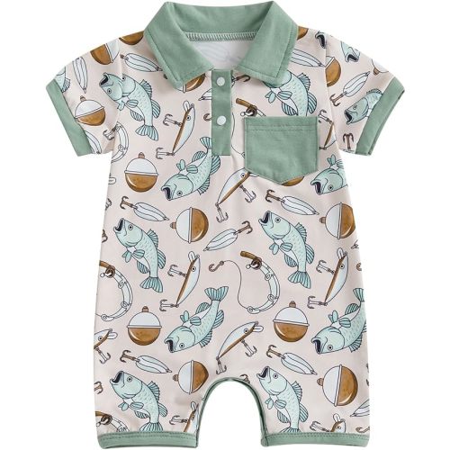 Sasaerucure Newborn Infant Baby Boy Fishing Outfit First Birthday Clothes Summer Short Sleeve Romper Jumpsuit