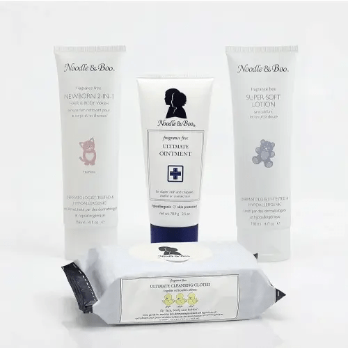 Noodle & Boo Fragrance Free Baby Skincare 4-Piece Bundle – Ultimate Baby Ointment, 2-in-1 Newborn Shampoo & Body Wash, Super Soft Baby Lotion & Cleansing Cloths for Sensitive Skin