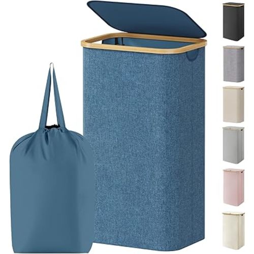 Lifewit 100L Laundry Basket with Lid, Clothes Hampers for Laundry with Bamboo Handles and 1 Removable Bag, Large Foldable Laundry Hamper for Bedroom, Bathroom, Dorm, Laundry Room, Dark Blue