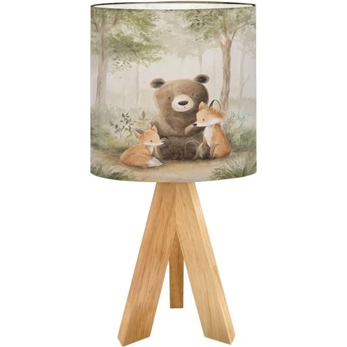 Tripod Table Lamp Woodland Animal Wild Animals Forest Bear Watercolor Fox Deer Antlers Bedside Lamps Small Lamp Nightstand Lamp with Linen Lampshade Table Lamps for Bedroom Livingroom Nursery