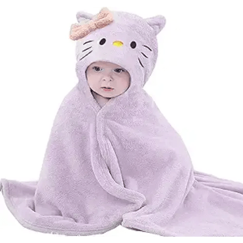 Toddler Baby Bath Towel with Hood 27.5"X55" Ultra Absorbent Soft Bathrobe Blanket, 0-6 Years Infant Shower Towel for Girls & Boys(Purple-Cat)