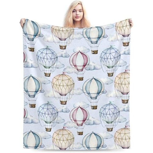 Hot Air Balloons and Clouds Bed Blanket Ultra Soft Throw Blanket All Season Warm Light Weight Cozy Plush Blankets for Home Bedroom Sofa Chair Travel, 80"X60"