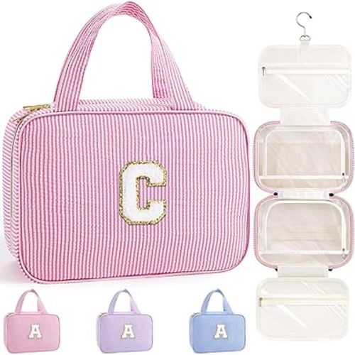 TOPEAST Gifts for Teen Girls Kids - Travel Hanging Toiletry Bag, Personalized Initial Toiletry Pouch, Gifts for Mom Daughter Sister Friends, Letter C, Pink