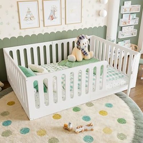 Bellemave Full Size Montessori Floor Bed with Door & Guardrails, Low Profile Design, No Box Spring, Floor Bed Frame for Boys, Girls, No Box Spring Needed Design, White
