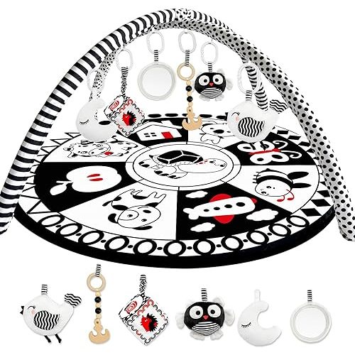 QUOKKA Padded Baby Gym Mat for Floor Tummy Time - Super Soft Black&White Play Gym Mat for Kids Toddlers & Infants - 6 Toys | Thick Pad | Machine Washable | Black White Colors for Vision Development