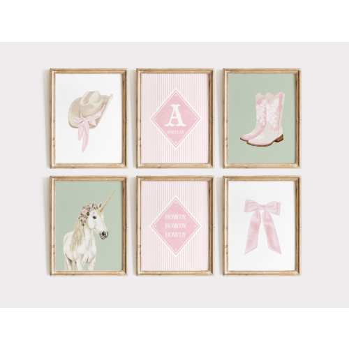 Personalised Pink Cowgirl Nursery Wall Art Set of 6 Prints  | Western Cowgirl Nursery/Bedroom Decor (Unframed or Digital)