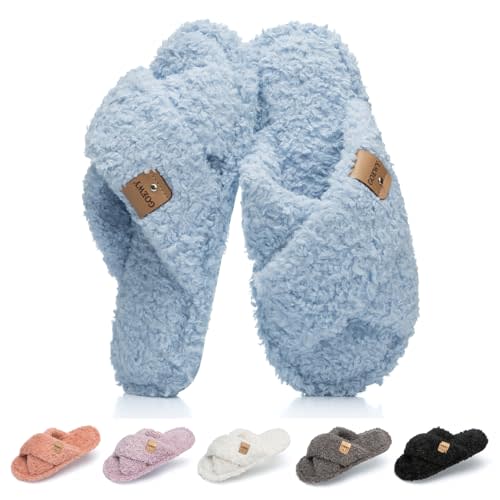 GOEWY Fuzzy Open Toe Slippers for Women Indoor and Outdoor with Memory Foam Cozy Cross Band Women's Slipper Cute Soft House Shoes Slip On Gifts for Womens Mom Her Ladies Bridesmaid