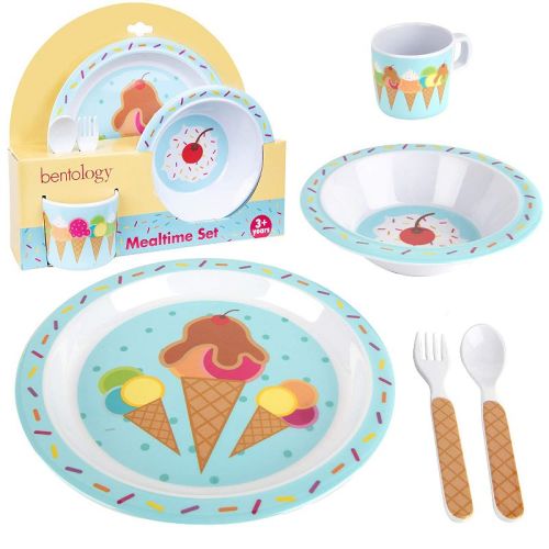 Bentology Ice Cream 5 Pc Mealtime Baby Feeding Set for Kids and Toddlers - Plate, Bowl, Cup, Fork & Spoon Utensils- Durable, Dishwasher Safe, BPA Free
