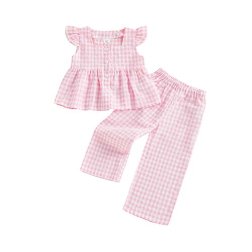 Loicainy Toddler Kids Girls Plaid Clothes Set 12 18 24 Months 2T 3T 4T 5T Flying Sleeve Button Up A-line Tops Long Pants Summer Outfits